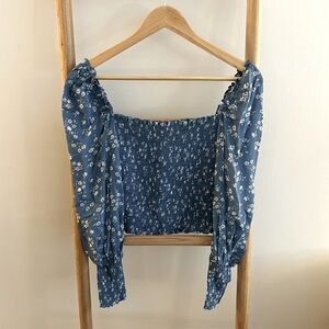 REFORMATION Pinto Floral Green Smocked Bodice Long Sleeve Top XSmall XS